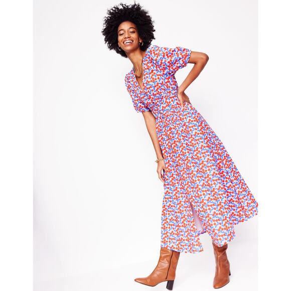 BODEN Lillian Cotton Midi Fit And Flare Dress Size 10 Cherry Print Blue Red - Picture 3 of 9